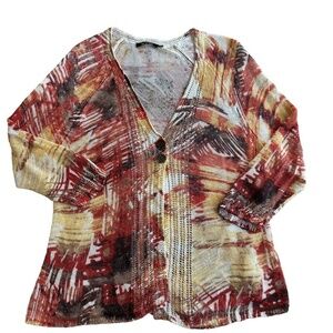 Nic + Zoe Cardigan PL Linen Blend Stretch V-Neck Floral Button detail Beach Boho